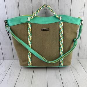 Amiani Resort Fashion Green Yellow Cotton Canvas Woven Faux Leather Shoulder Bag